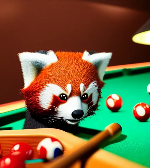 Prompt: very beautiful portrait of an extremely cute and adorable red panda playing pool, smooth, perfect face, fantasy, character design by mark ryden and pixar and hayao miyazaki, sharp focus, concept art, harvest fall vibrancy, intricate detail, cinematic lighting, hyperrealistic, 3 5 mm, diorama macro photography, 8 k, 4 k