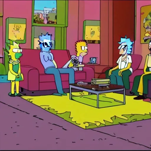 Image similar to Rick & Morty starring in the simpsons couch-gag