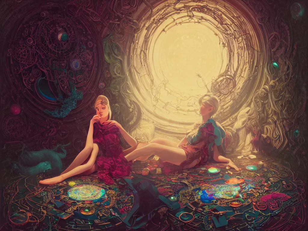 Image similar to high angle picture of a maximalist dress witch sitting on the floor and researching about the azathoth, extremely beautiful and aesthetic and detailed cute face, very huge magic circles on the hand, with familiar sprites, in the magic room, chiaroscuro, intricate, masterpiece, fantasy illustrations by ilya kuvshinov and jeremy lipking and quentin mabille