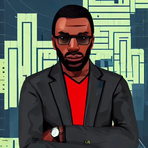 Prompt: grand theft Auto profile picture of a black male data scientist, cg art trending on artstartion