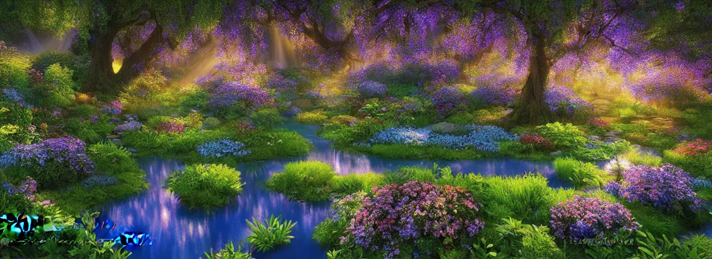 Prompt: photograph of enchanted garden, blue pond in the middle, with rays of light, flowers with intricate detail, by marc adamus, highly detailed, intricate detail, cinematic lighting