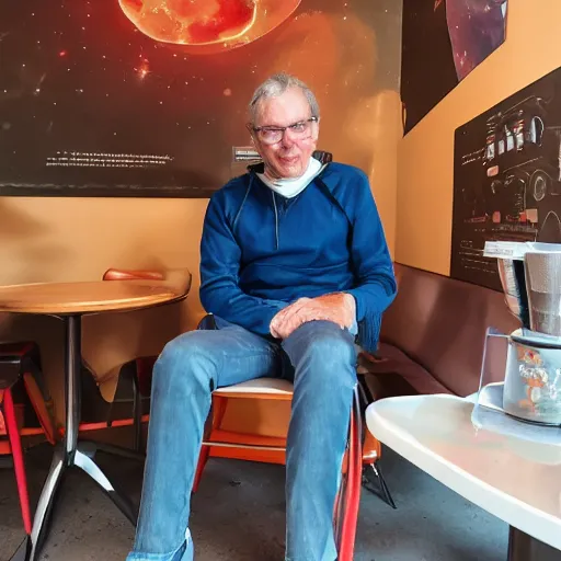 Prompt: a beautiful photograph of jacques mckeown space adventurer, sat in a chair, futuristic coffee shop