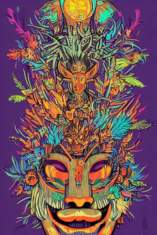 Image similar to animal mask totem roots flower tribal feather gemstone plant wood rock shaman vodoo video game vector cutout illustration vivid multicolor borderlands comics by josan gonzales and dan mumford radiating a glowing aura