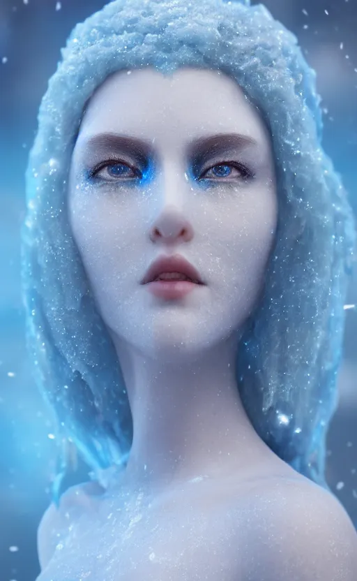 Prompt: ice goddess with beautiful face with a glowing blue crystal on her forehead, frosty white eyes, winter mist around her, white plated armor, pale skin, white smoke, photorealism, octane render, frostbite, 8 k, cinematic, 3 5 mm