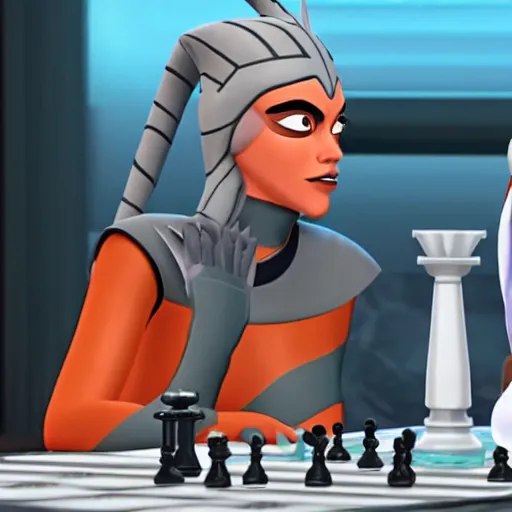 Prompt: Ahsoka Tano playing chess with Darth Vader in The Clone Wars animated series