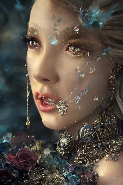 Prompt: a fancy portrait of the most attractive crystal goddess in the world by Greg Rutkowski, Sung Choi, Mitchell Mohrhauser, Maciej Kuciara, Johnson Ting, Maxim Verehin, Peter Konig, Bloodborne, macro lens, 35mm, 8k photorealistic, cinematic lighting, HD, high details, atmospheric,