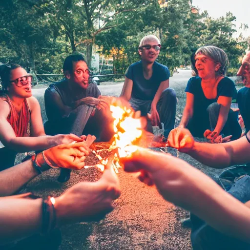 Image similar to photograph of people bonding around a firecircle, kismet