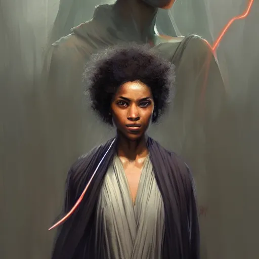 Prompt: portrait of a woman by greg rutkowski, young jedi knight, black, afro hair, prettt, star wars expanded universe, she is about 2 0 years old, wearing jedi robes, highly detailed portrait, digital painting, artstation, concept art, smooth, sharp foccus ilustration, artstation hq