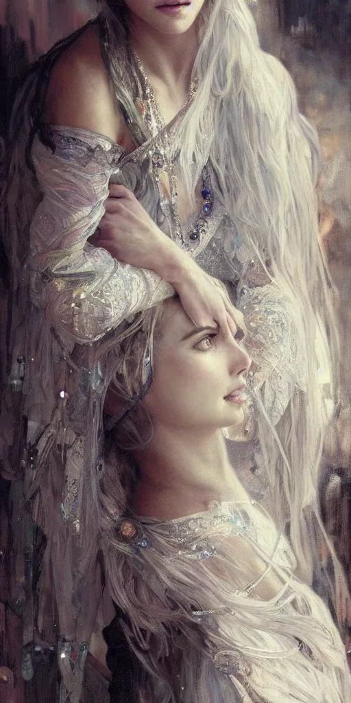 Image similar to a highly detailed beautiful white haired woman, ana de armas, adorned with precious stones, intricate line drawings by jeremy mann and alphonse mucha, 8 k resolution, trending on artstation, very very detailed, masterpiece, stunning,