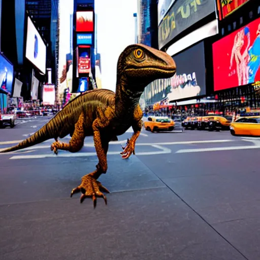 Prompt: velociraptor in Times Square, real photo