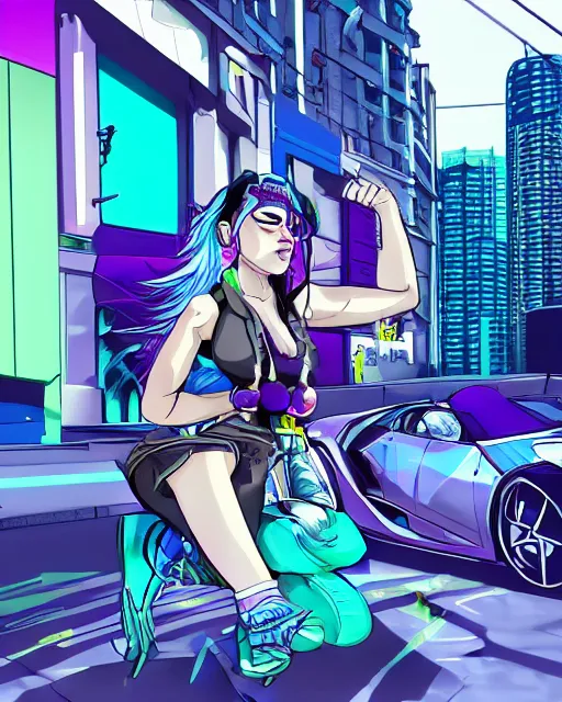 Image similar to cel shaded art of a pretty blue haired girl standing next to a purple lamborghinil, jet grind radio graphics, cyberpunk city street background