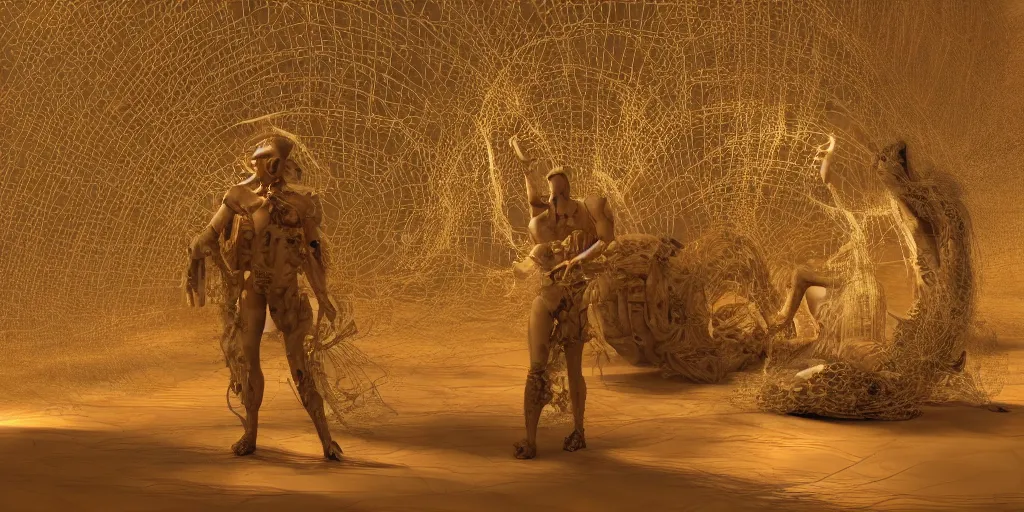 Image similar to A George Miller film, an ornate real character made out of intricate metallic filament webs and Endocrine system built out of dust and light, floating in the desert night, hyper-realism, very detailed feel, rendered in Octane, tiny points of light, caustic, 4k, beautiful lighting