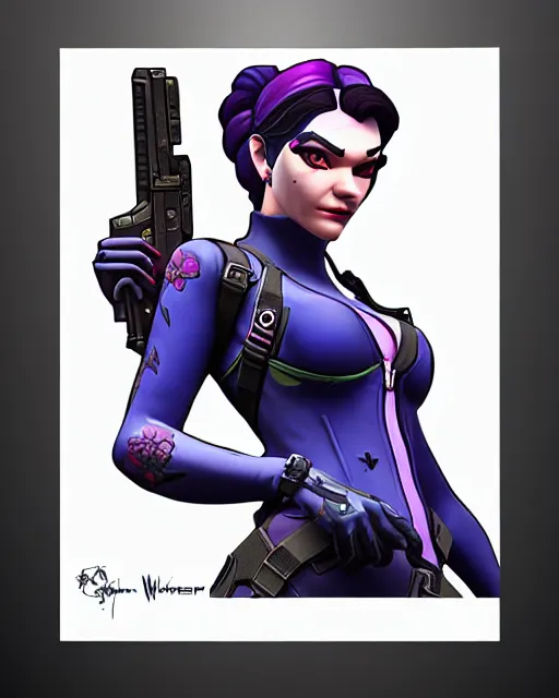 Image similar to widowmaker from overwatch, intricate details, highly detailed, in the style of gta 5 game cover art
