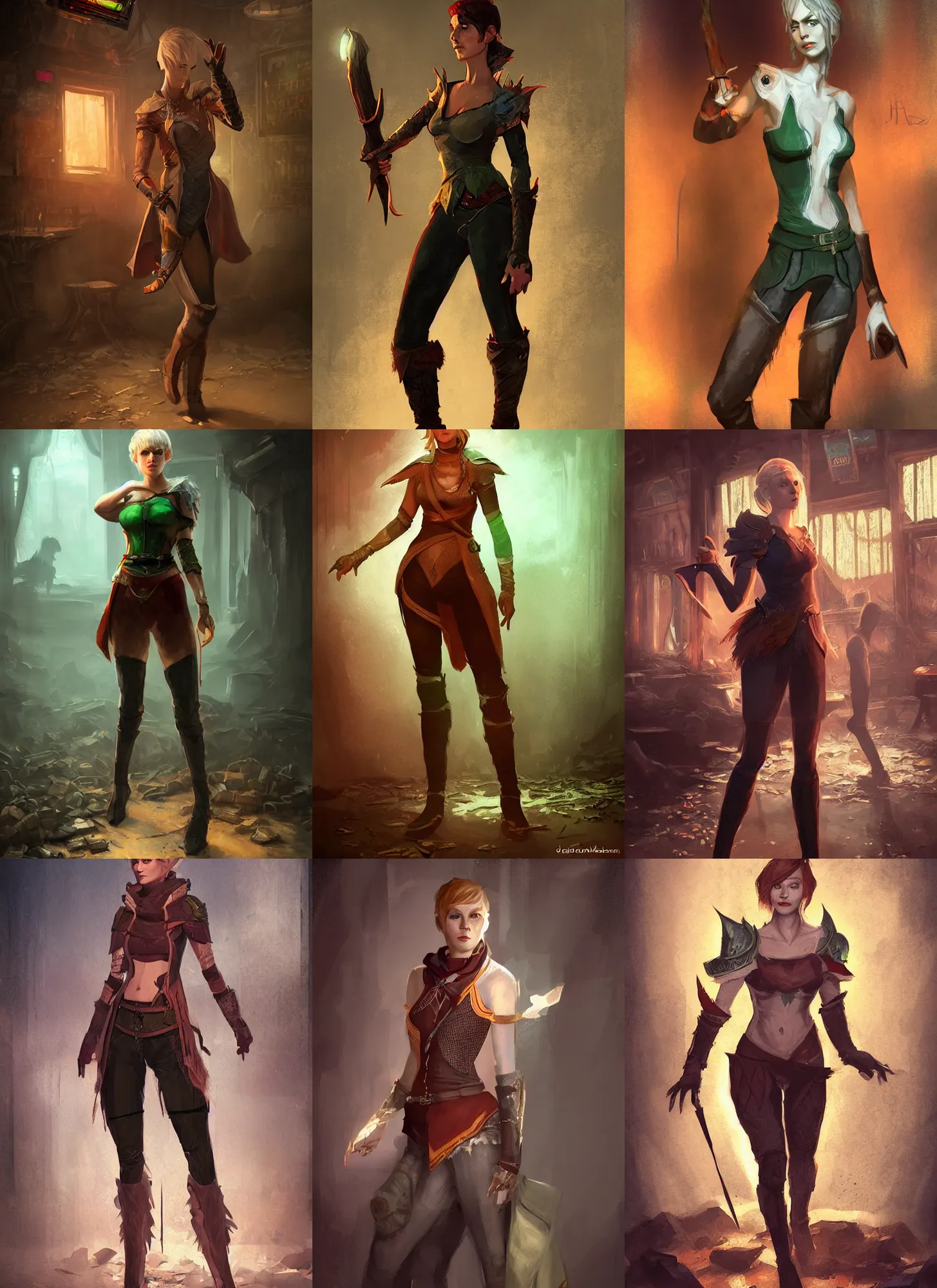 Prompt: full body character portrait of a female lavellan with a realistically proportioned face from dragon age walking through a destroyed dive bar wearing inquisitor clothes, dragon age concept art, dragon age, illustration, digital painting, realistic lighting, photorealistic eyes, good value control, enhance face, realistic shading, john singer sargent