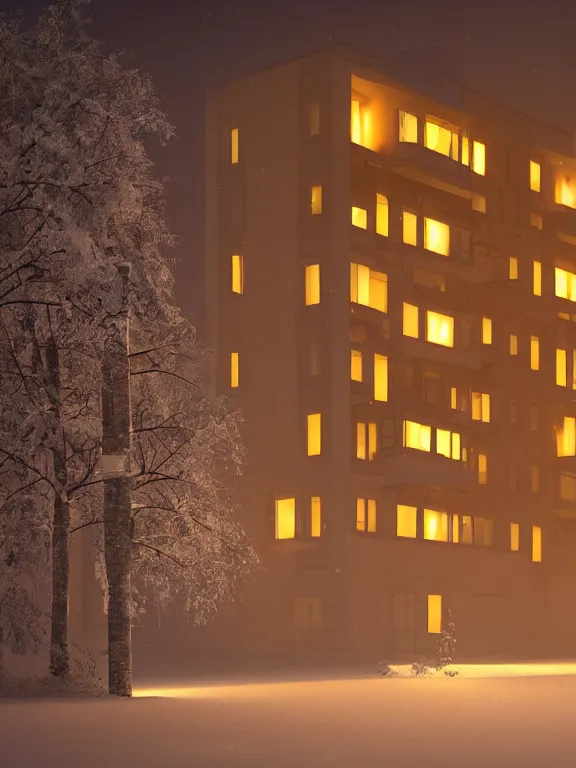 Image similar to award - winning photo of low soviet residential building, russian suburbs, lights are on in the windows, deep night,, cozy atmosphere, winter, heavy snow, light fog, streetlamps with orange light, volumetric light, several birches nearby, elderly people stand at the entrance to the building, mega detailed, unreal render