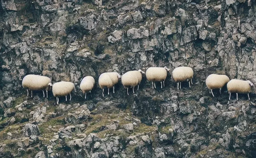 Image similar to “sheep, following other sheep, jumping off a cliff”