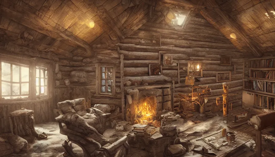 Prompt: Interior of an old cabin built in the snowy forest, small windows, fire in the fireplace, shelf of books, old couch, snowing outside, hyperdetailed, artstation, cgsociety, 8k