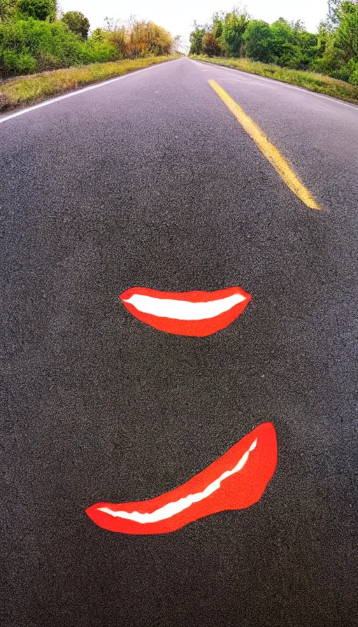 Prompt: phone photo of a giant mouth open on an asphalt road, realistic photo, gopro, looming, colorful, eerie