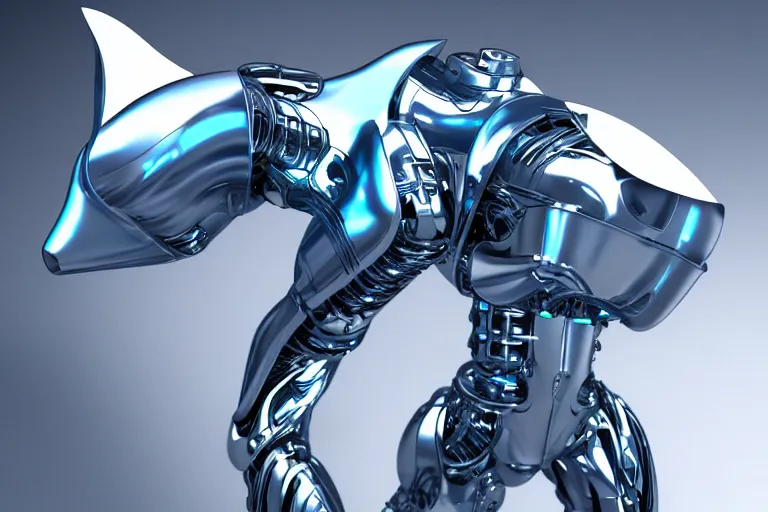 Prompt: futuristic metal cybernetic!! dino!!! white blue grey, octane render, studio light,