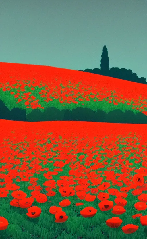 Prompt: surreal 3 d render field of poppies by atey ghailan and escher and edward hopper, houdini algorithmic generative art,