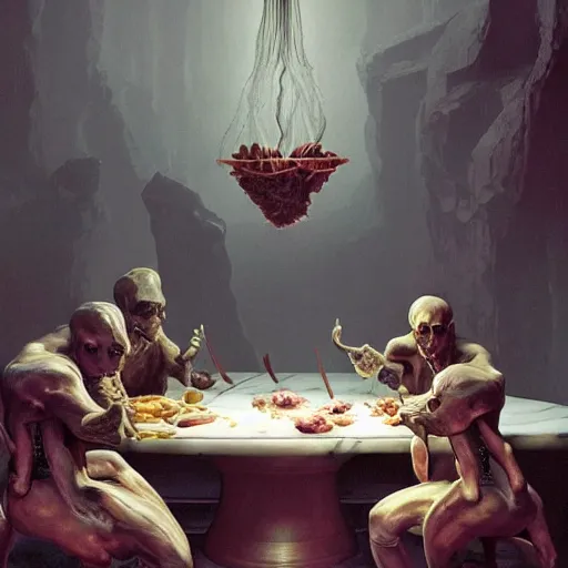 Image similar to hungry cannibals making a rich salad around a marble table, cinematic lighting, dramatic framing, highly detalied, 4k, artstation, by Wayne Barlowe and Rene Lalique