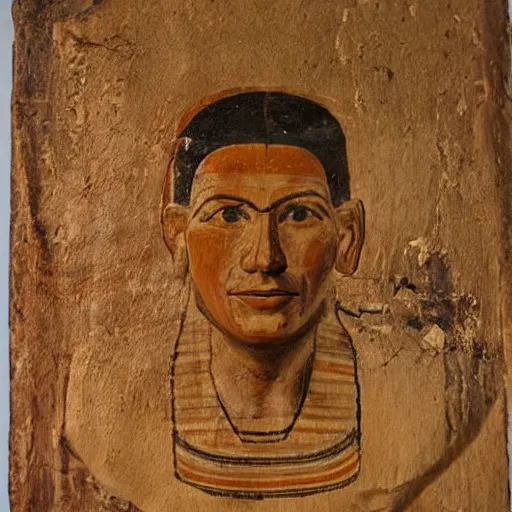 Prompt: fayum portrait of a man using a computer, mummy portrait, from egypt, from luxor, on wood