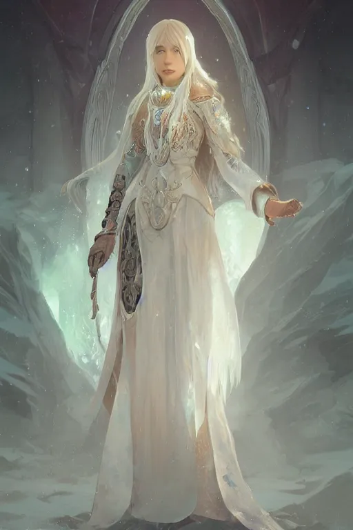 Image similar to ice priestess of the sacral moon full body portrait highly detailed, digital painting, artstation, concept art, smooth and sharp focus, illustration, art by tian zi and wlop and alphonse mucha