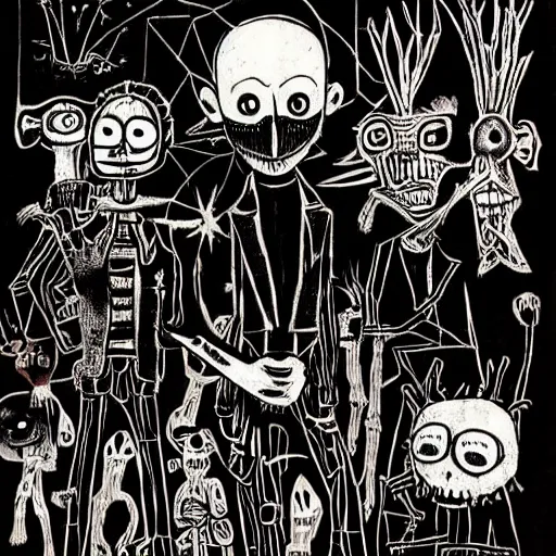 Image similar to Radiohead Amnesiac by Jhonen Vasquez and Basquiat and Hieronymous Bosch and Edward Gorey and Tim Burton, trending on artstation, highly detailed,8k