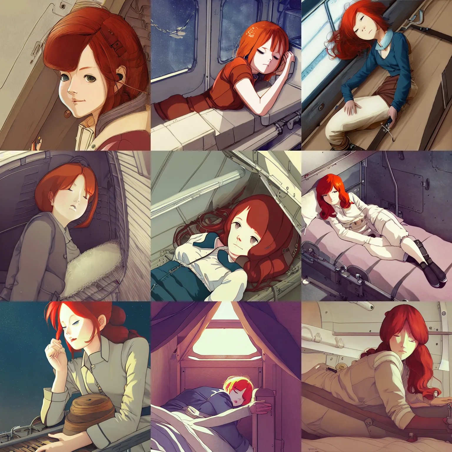 Prompt: airship engineer sleeping in her bunk, redhead, finely illustrated face, highly detailed, matte, studio ghibli, tankobon, in the style of ilya kuvshinov and rossdraws and wlop