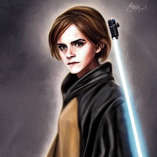 Image similar to emma watson as a sith lord with a cloak and a lightsaber, trending on art station, by the best artists