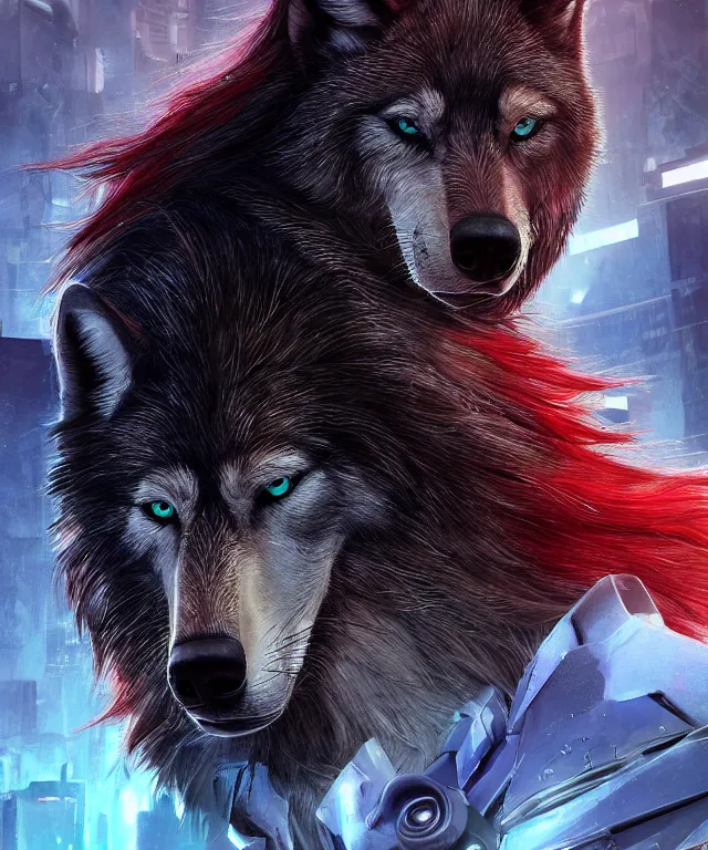 Image similar to portrait headshot of a male anthropomorphic dark gray wolf, long red hair, blue eyes, in a futuristic city, hyper detailed, digital art, trending in artstation, cinematic lighting, studio quality, smooth render, unreal engine 5 rendered, octane rendered, art style by pixar dreamworks warner bros disney riot games and overwatch.