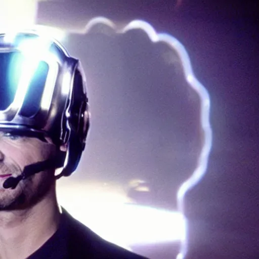 Image similar to movie still of a man with a cyborg helmet made of flowing energy, cinematic composition, cinematic light, by edgar wright and david lynch