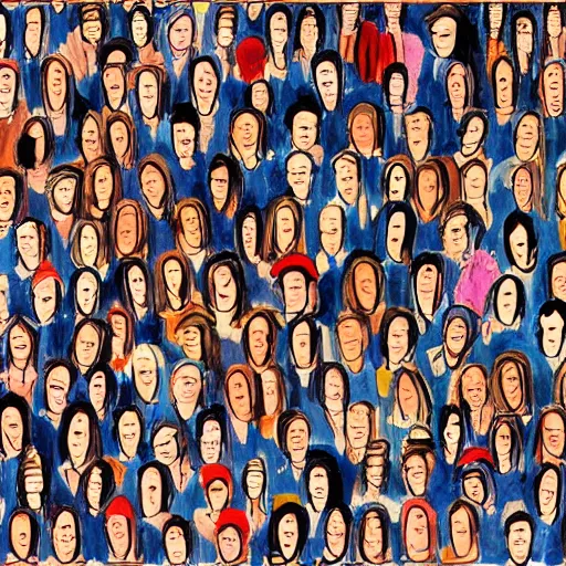 Image similar to Where's Waldo, in the style of Alice Neel painting