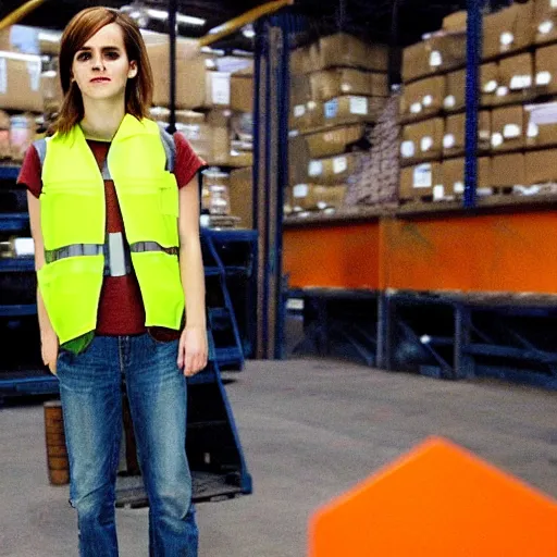 Image similar to photo, close up, emma watson in a hi vis vest, in warehouse, 2 0 0 8 android cameraphone, instagram photo, 2 6 mm,