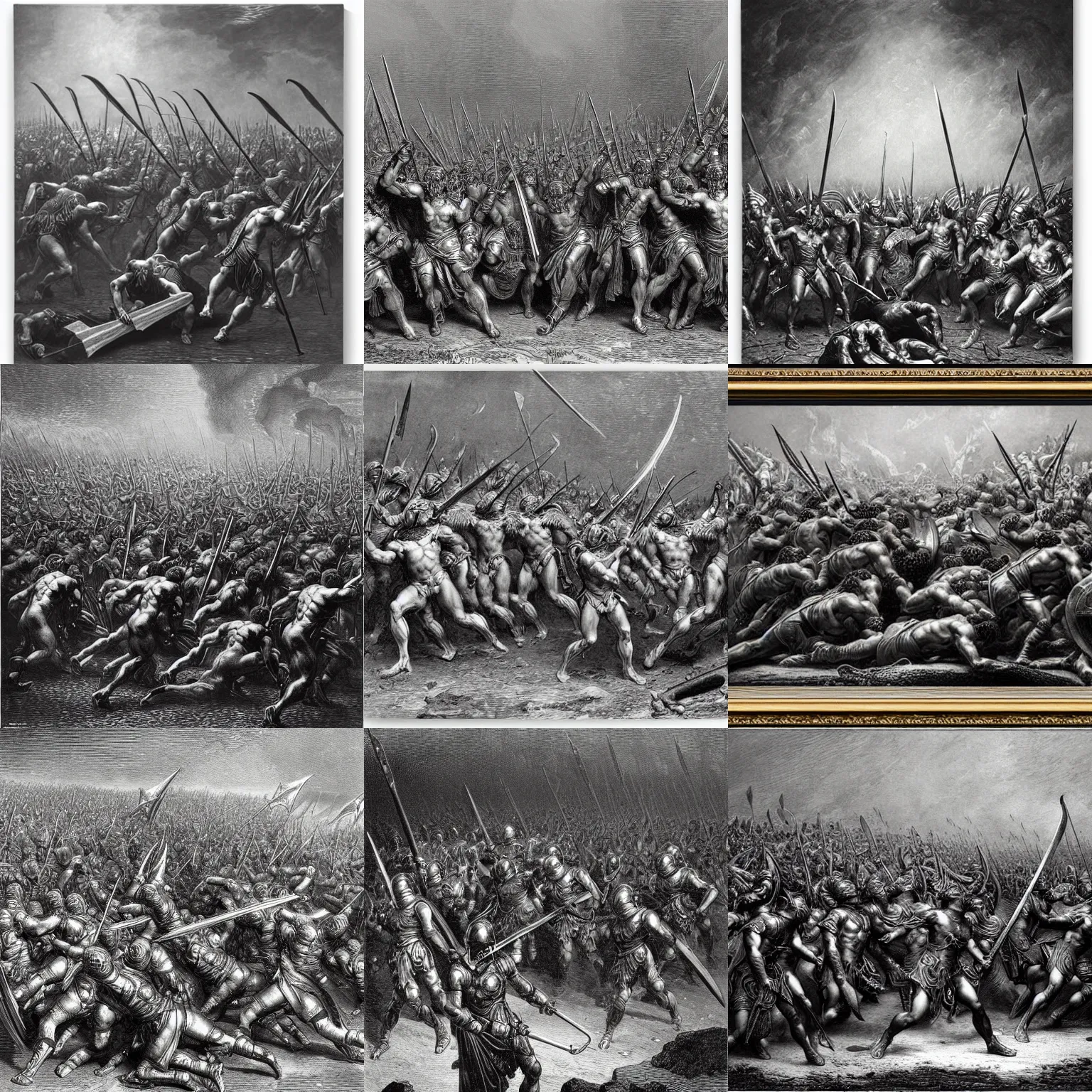 Prompt: a spartan phalanx by gustave dore