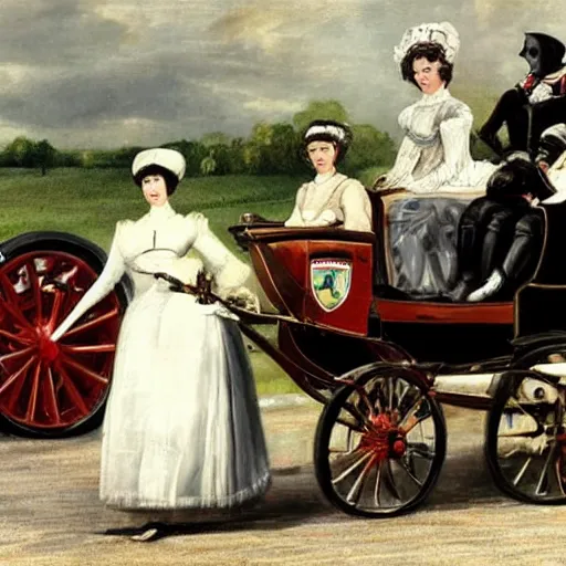 Image similar to lady catherine de bourgh from pride and prejudice drives her barouche box pulled by two horses on the formula 1 circuit of le mans. she is surrounded by cars with models like ferrari, lamborghini or porsche. cinematic, technicolor, highly intricate