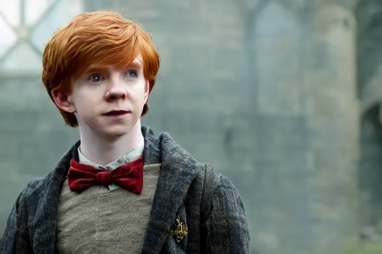 Prompt: film still Freddy Highmore as Ron Weasley wearing hogwarts uniform in Harry Potter movie
