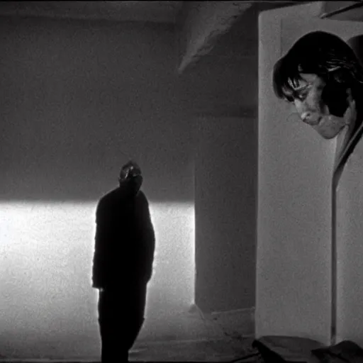 Image similar to a man and a robot, moment of jealousy, movie still, Movie by Andrzej Zulawski and David Lynch