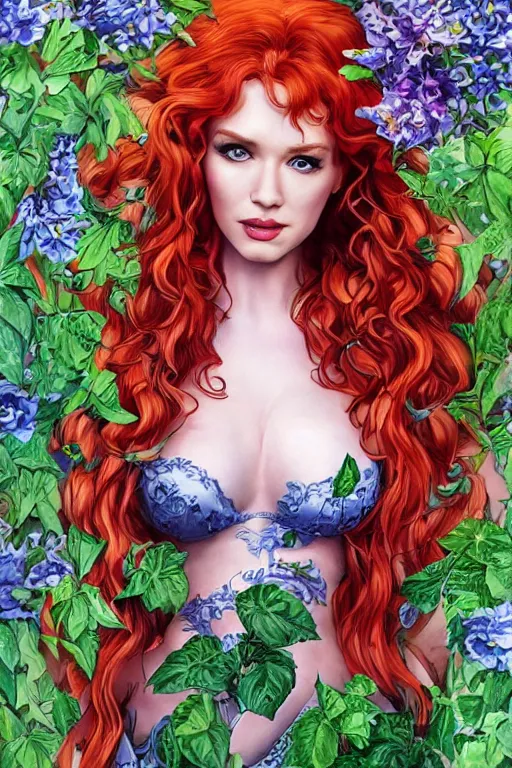 Prompt: three-quarters pose portrait of Christina Hendricks as Poison Ivy, very beautiful young woman, ginger wavy hair, Intricate, nature and flowers tattoos and imagery themed, D&D!, fantasy style, sharp focus!, ultra detailed, art by Artgerm and Peter Andrew Jones, WLUP