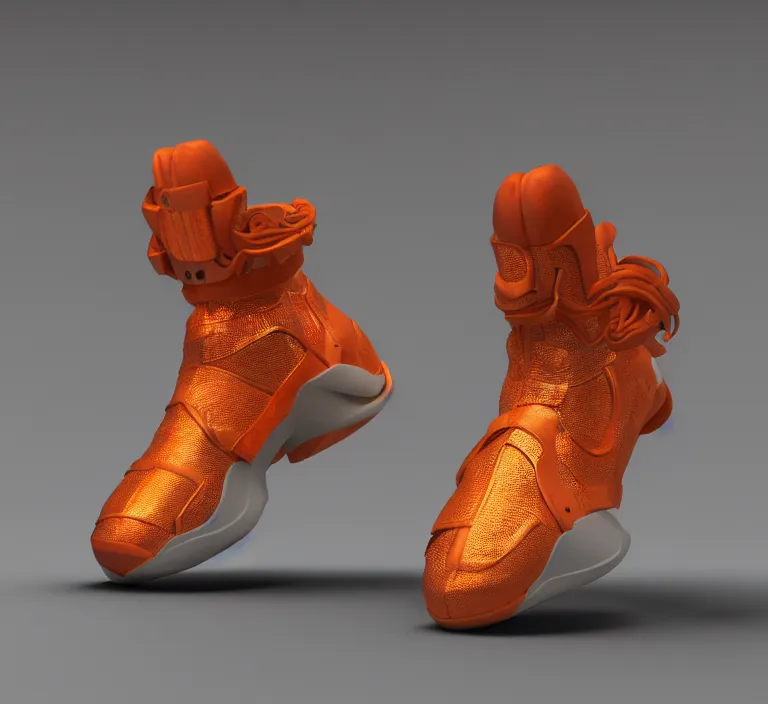Image similar to realistic 8 k sculpture of one futuristic sneaker with neon illuminated rubber soles and soft orange laces on a grey surface, clean 3 d render, beautiful studio lighting, soft, sharp focus, cyberpunk, intricate detail, gold and red filigree, soft rubber, octane render, trending on artstation, deviantart, art by wright and syd mead and mullins