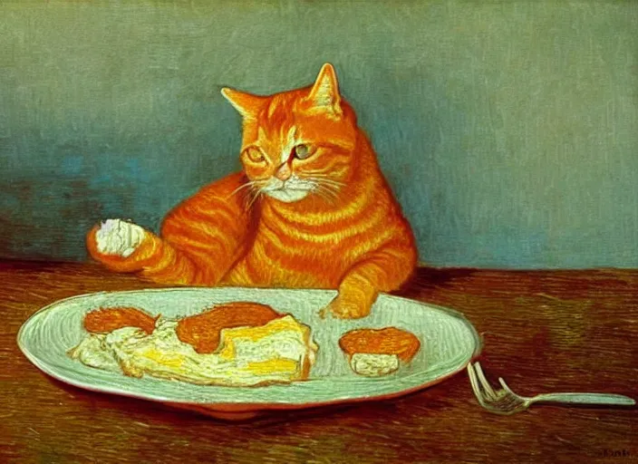 Prompt: detailed realistic realism painting of orange tabby cat eating lasagna at dusk, in the style of vincent van gogh and salvador dali and leonardo da vinci