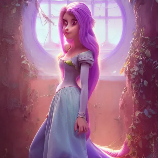 Prompt: rapunzel with her long beautiful hair wrapping around her body, huggy wuggy from poppy playtime video game, fullbody, ultra high detailed, glowing lights, oil painting, greg rutkowski, charlie bowater, beeple, unreal 5, daz, hyperrealistic, octane render, rpg portrait, dynamic lighting, fantasy art, beautiful face