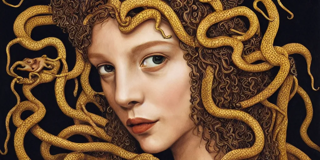 Image similar to realistic portrait of beautiful medusa with her snakes, golden, delicate, hyper realism, 1 4 5 0, ink, ultra realistic, 8 k