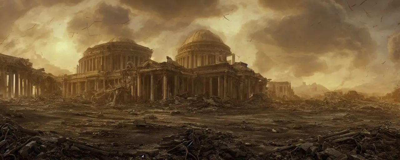 Prompt: A beautiful hyper realistic detailed matte painting of the destroyed Capitolium after nuclear bomb + post-apocalyptic landscape at early sunrise + a lot of debris and burned bushes and trees + by John Howe and Andreas Rocha and Martin Johnson Heade and Albert Bierstadt, Fallout style + unreal engine, trending on artstation, golden ratio, rectilinear