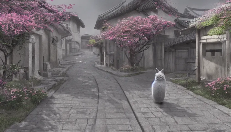 Image similar to Grey cat walking in a small Japanese village during a cloudy sunny day, hyperdetailed, artstation, cgsociety, 8k