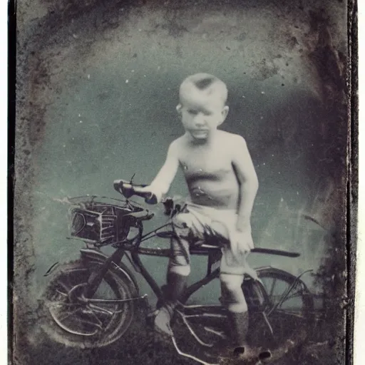 Image similar to tintype photo, boy rides a ant, underwater, jellyfish