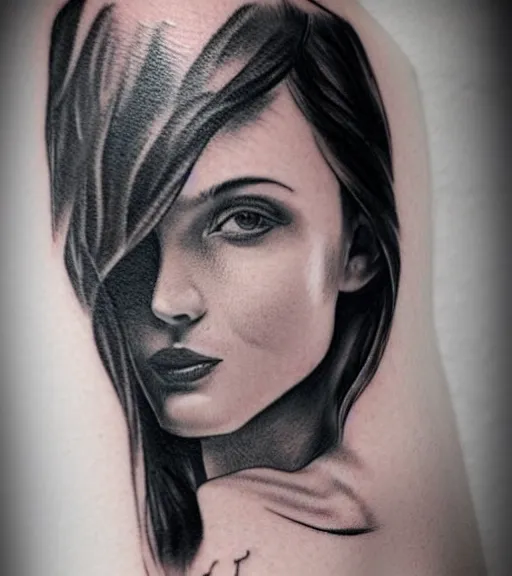 Image similar to tattoo design sketch of a beautiful girl with a faded mountain background, in the style of den yakovlev, black and white, realism tattoo, hyper realistic, highly detailed