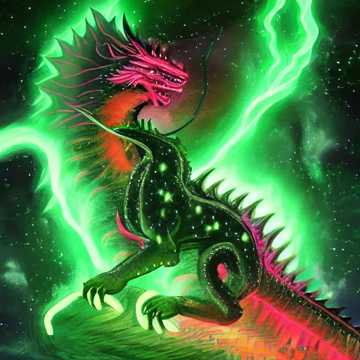 Prompt: visible environment soon, the 8 k, neon green, luxury, dramatic lighting, old man fell cosmic dragon korgi, photorealistic digital painting