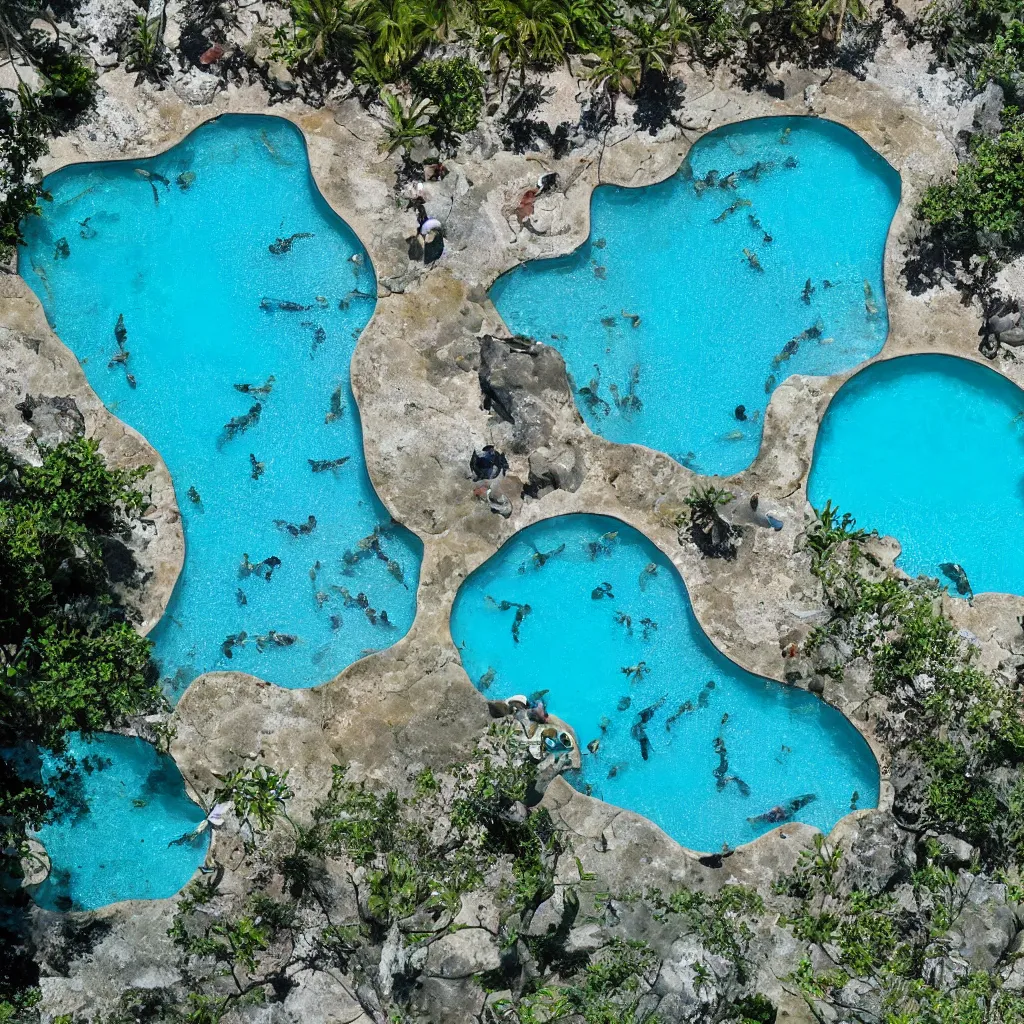 Prompt: endless travertine pools filled with koi fish and sea turtles, birds eye view, bright blue glowing water, magical