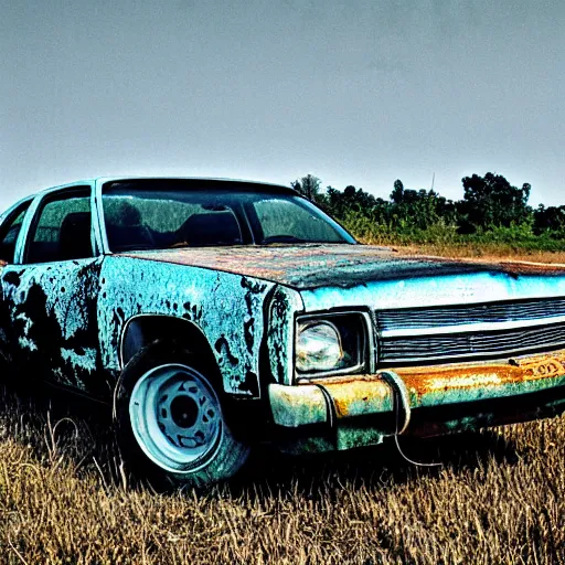 Image similar to A medium shot photograph of a rusty, worn out, broken down, decrepit, run down, dingy, faded, chipped paint, tattered, beater 1976 Denim Blue Dodge Aspen in a farm field, photo taken in 1989